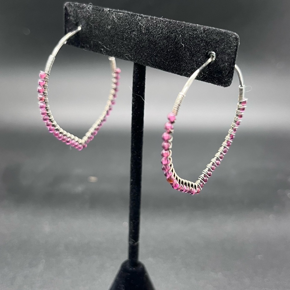 Sterling silver with wire wrapped Garnet beads Hoop Earrings